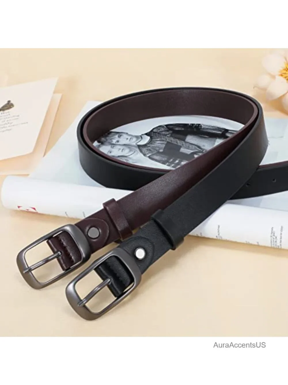 2 Pack Plus Size Leather Belts Cowhide Pin Buckle Waist Belt for Jeans Dress